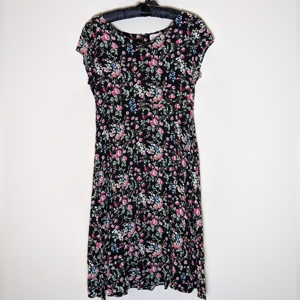 Lanz of Salzburg casual floral dress below knee size S black, pink, green